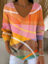 Women's Colorful Shapes Lines Modern Abstract Casual Print V-neck Long Sleeve Pullover Sweater